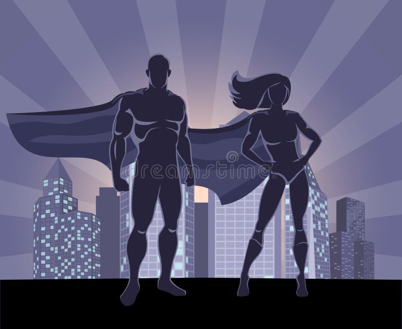 Supereroe e siluette femminili del supereroe illustrazione di stock Supereroe e siluette femminili del supereroe illustrazione di stock