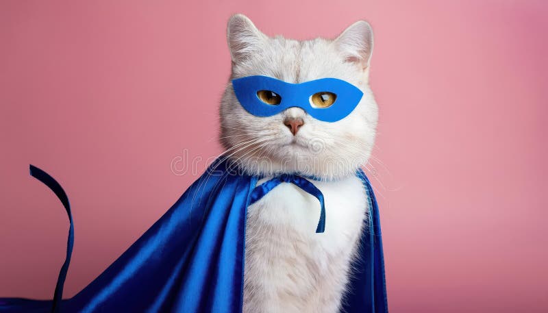 Supereroe in un mantello blu e in una maschera con un bicchiere di scotch Whiskey che guida un Super Gatto in mezzo a un'atmosfera illustrazione vettoriale