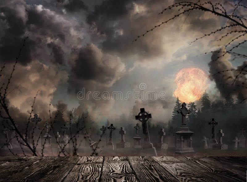 Wooden surface and misty graveyard with old creepy headstones under full moon on. Wooden surface and misty graveyard with old creepy headstones under full moon on