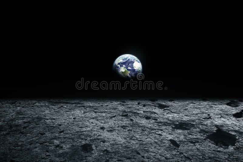 Superfície e terra da lua no horizonte Fantasia da arte do espaço preto imagens de stock royalty free Superfície e terra da lua no horizonte Fantasia da arte do espaço preto imagens de stock royalty free