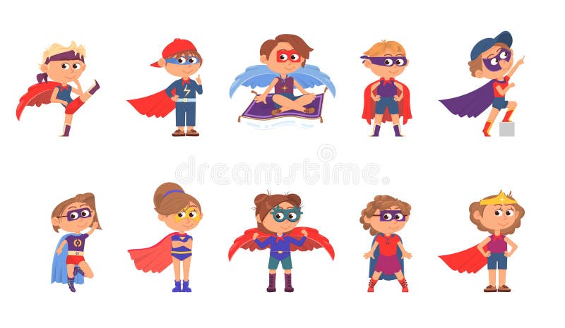  Niños Superhéroes. Superhéroes En Grupos De Niños De Capa Saltando Y Volando. Héroes De Dibujos Animados Chica Usa Máscara Y Disfr Ilustración del Vector