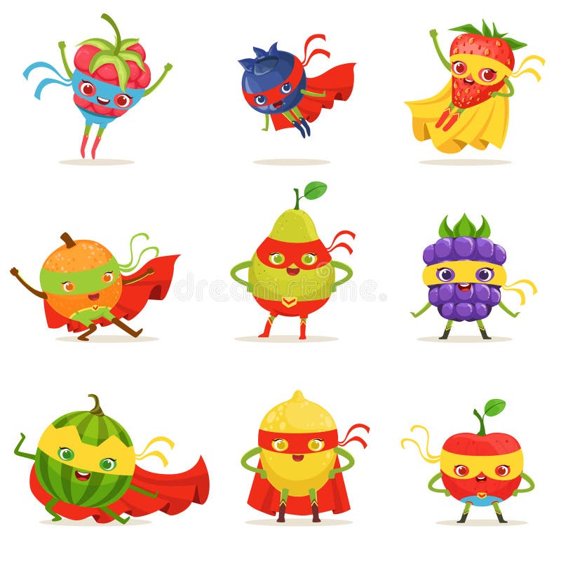 Superhero Fruits In Masks And Capes Set Of Cute Childish Cartoon Humanized Characters In Costumes. Healthy Fresh Food With Superpowers Vector Illustrations In Bright Colors. Superhero Fruits In Masks And Capes Set Of Cute Childish Cartoon Humanized Characters In Costumes. Healthy Fresh Food With Superpowers Vector Illustrations In Bright Colors.