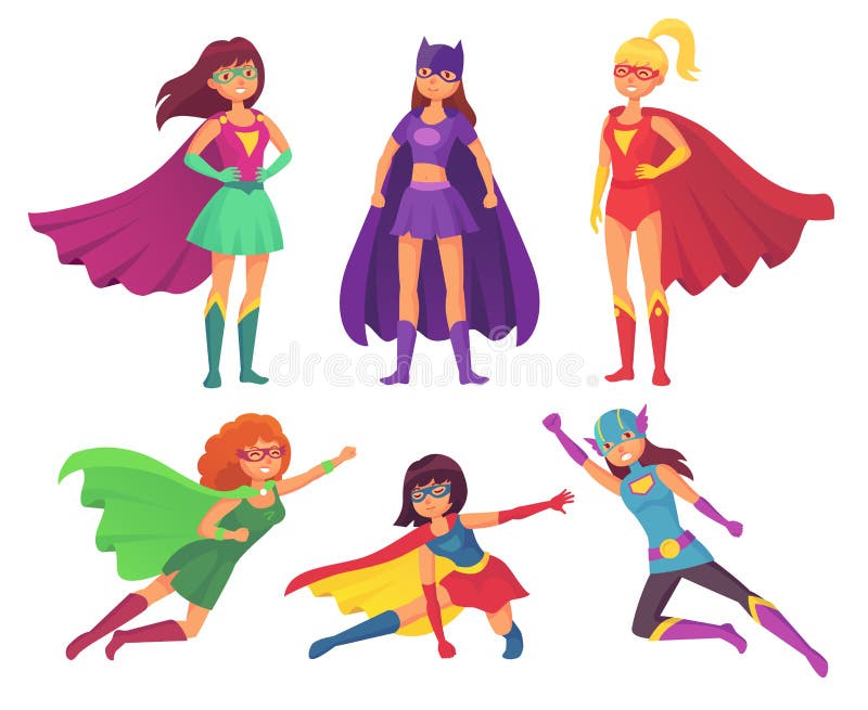 Superheldfrauencharaktere Wundern Sie sich weiblichen Heldcharakter im Superheldkostüm mit wellenartig bewegendem Mantel Supermäd