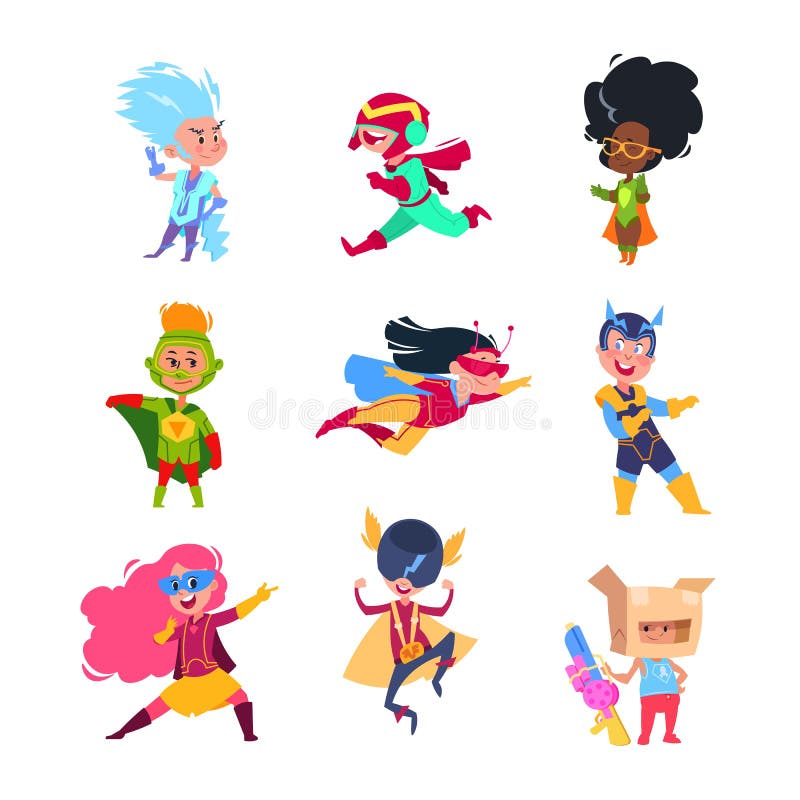 Superhero kids. Children wearing in superheroes costumes. Carton cosplay vector characters set. Illustration of superhero costume for boy and girl. Superhero kids. Children wearing in superheroes costumes. Carton cosplay vector characters set. Illustration of superhero costume for boy and girl