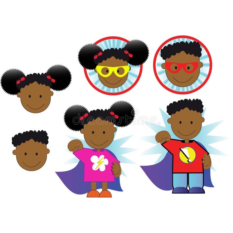 Superhero african american. An african american super hero girl and a boy superhero stock illustration