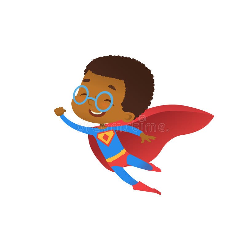 Superhero African Cute Kid Fly Costume Flat Vector. Happy Smile Little Brave Boy Wear Red Cape. Cool Strong Defender