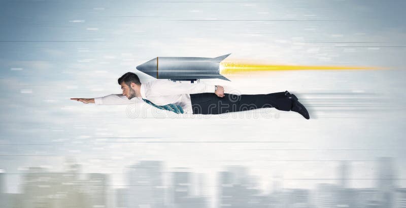 Superhero business man flying with jet pack rocket above the city concept