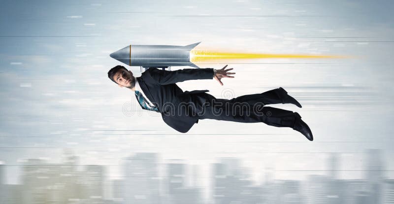 Superhero business man flying with jet pack rocket above the city concept