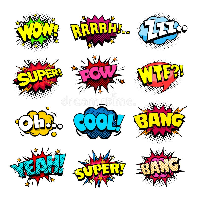 Superhero comic book bubbles set, cool blast and crash sound effect royalty free illustration