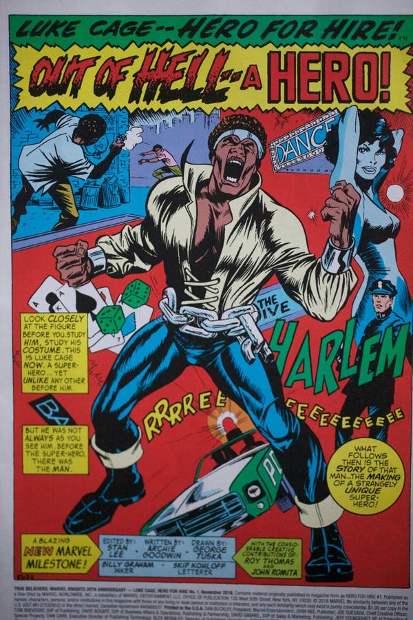 Superhero comic book featuring the black character called Luke Cage, produced by Marvel Comics, and recently made into a TV series. For Netflix royalty free stock photography Superhero comic book featuring the black character called Luke Cage, produced by Marvel Comics, and recently made into a TV series. For Netflix royalty free stock photography