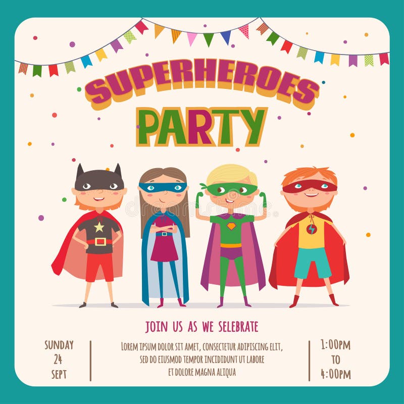 Superhero. Card invitation with group of cute kids. Vector illustration. Superhero. Card invitation with group of cute kids. Vector illustration