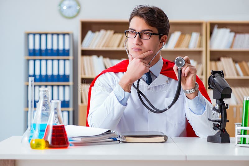 The superhero doctor working in the hospital lab