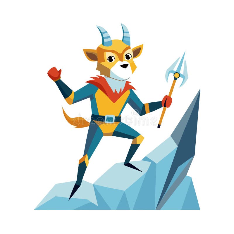 Superhero Goat Mascot Character Climbs Mountain Holding Trident Illustration royalty free illustration