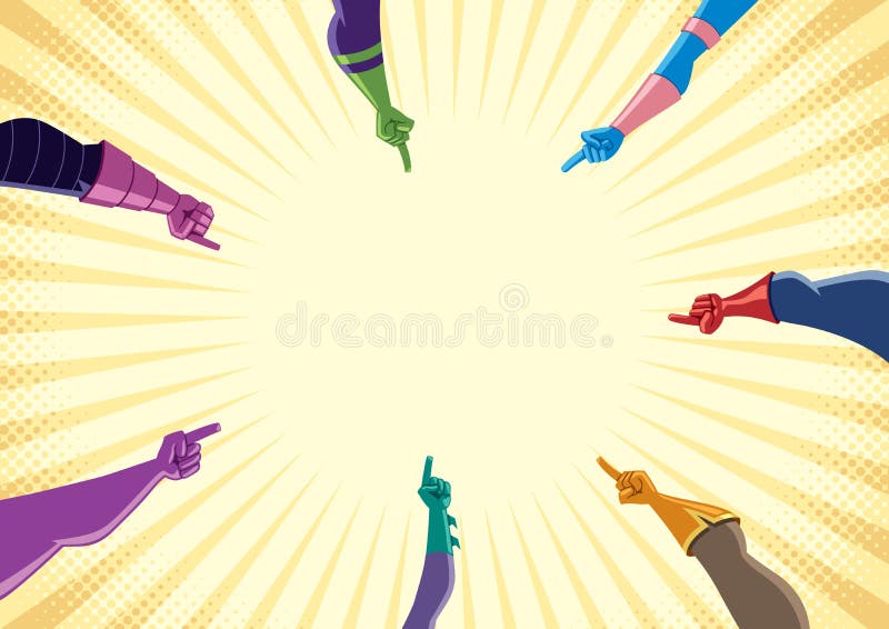 Conceptual flat design illustration with superhero hands pointing to the center of a circle, with copy space for your text or product. Conceptual flat design illustration with superhero hands pointing to the center of a circle, with copy space for your text or product.