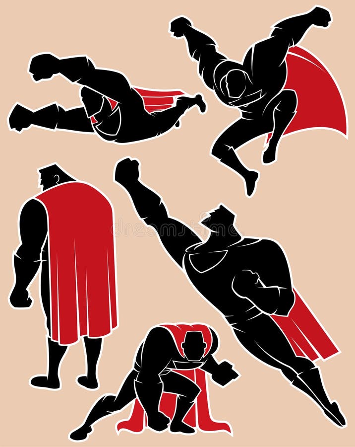 Superhero silhouette in 5 different poses. No transparency and gradients used. Superhero silhouette in 5 different poses. No transparency and gradients used.