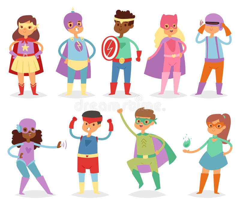 Superhero kids vector super hero child or kid in mask cartoon character of girl or boy in costume in childhood playing