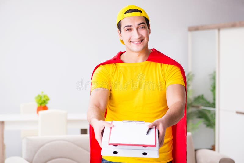 The superhero pizza delivery guy with red cover