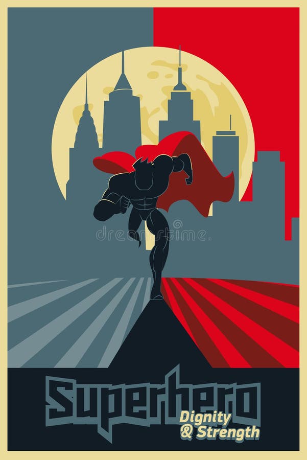 Superhero run from the city. Blue and red graphic poster. stock illustration Superhero run from the city. Blue and red graphic poster. stock illustration
