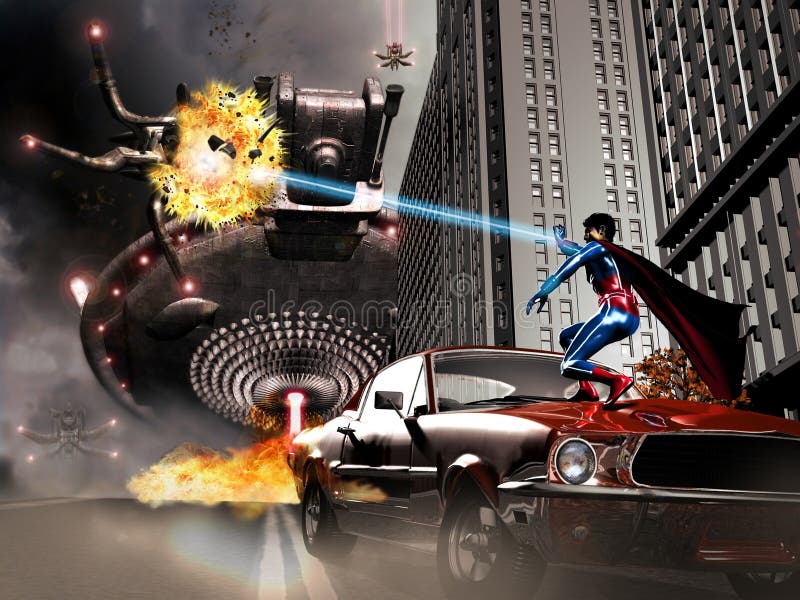 Superhero vs aliens vector illustration