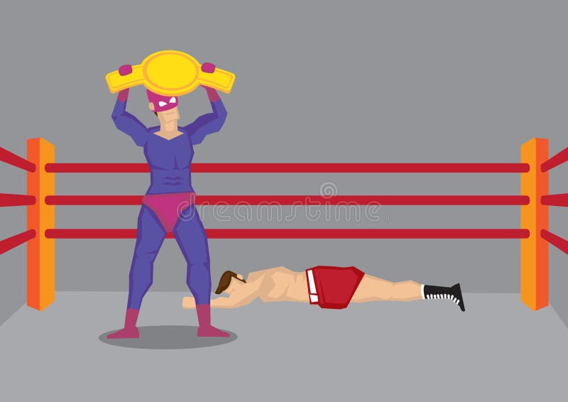 Cartoon vector illustration of wrestler dressed in fancy costume holding up wrestling championship belt and his defeated opponent lying unconscious in the ring. Cartoon vector illustration of wrestler dressed in fancy costume holding up wrestling championship belt and his defeated opponent lying unconscious in the ring