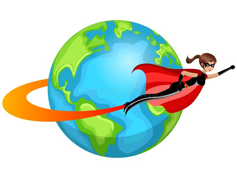 Superhero woman flying around world isolated vector illustration Superhero woman flying around world isolated vector illustration