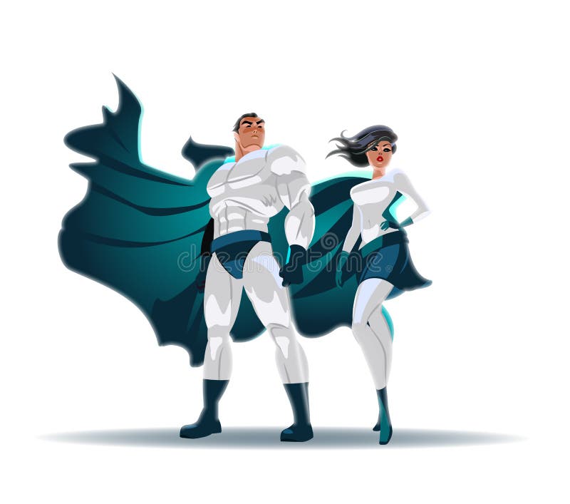 Superheropaar: Mannetje en wijfje superheroes, stellend voor een licht Geïsoleerde royalty-vrije illustratie Superheropaar: Mannetje en wijfje superheroes, stellend voor een licht Geïsoleerde royalty-vrije illustratie