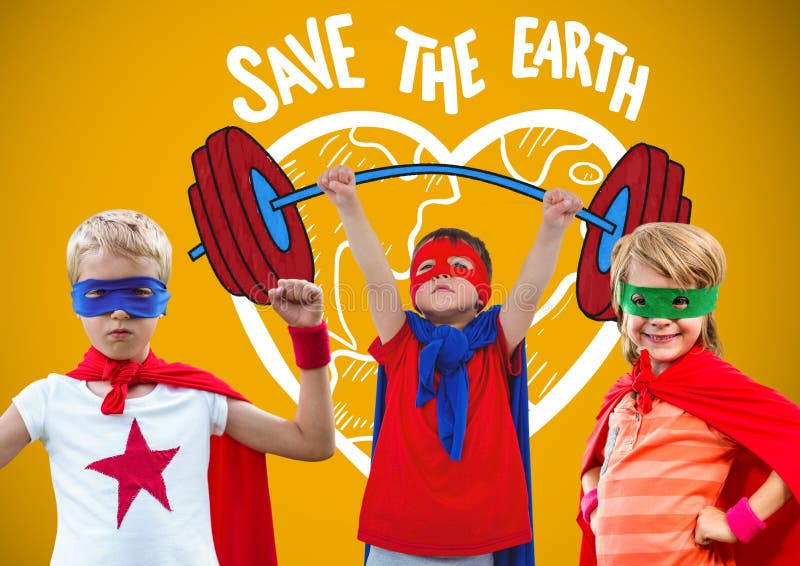 Superheroungar med mellanrumet gulnar bakgrund och sparar jorddiagrammen arkivfoto Superheroungar med mellanrumet gulnar bakgrund och sparar jorddiagrammen arkivfoto