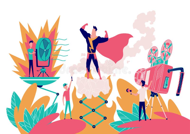 Superhjältefilmer. Filmtagning och produktionsprocess. Film med superhjälte och tecknade tecknen i filmstadier stock illustrationer