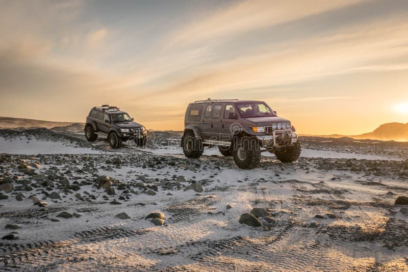 Super jeeps in iceland heading to the ice caves. Super jeeps in iceland heading to the ice caves