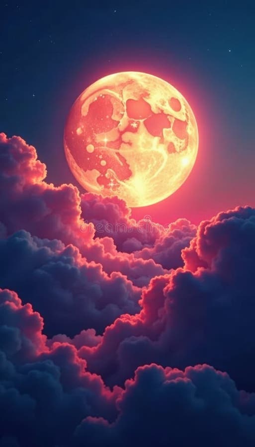 Superluna luminoasă care se uită prin nori pufoși Imagine superlună spațiu de amploare vector illustration