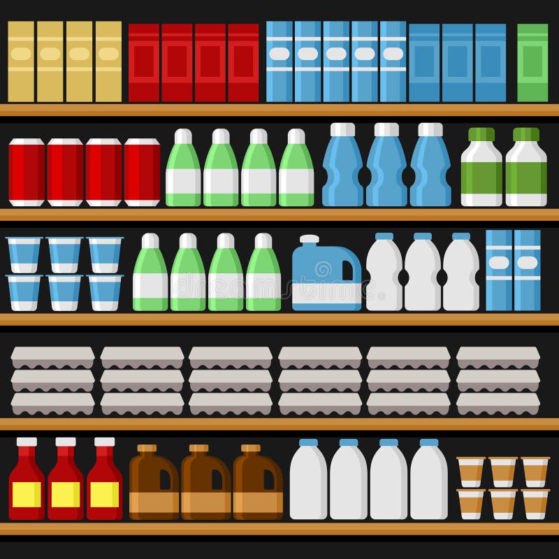 supermarché Shelfs rayonne avec des produits et des boissons Vecteur illustration stock supermarché Shelfs rayonne avec des produits et des boissons Vecteur illustration stock