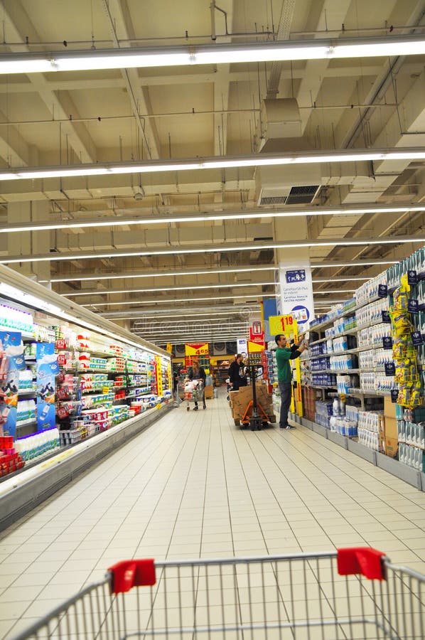 Forklift In The Grocery Store, Loading And Unloading Of Goods. Lift