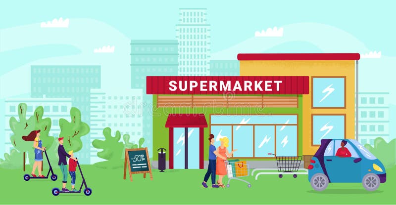 Supermarket at Cartoon Street, Flat City Shop Vector Illustration. Urban  Market Background, People Go Shopping To Store Stock Vector - Illustration  of front, purchase: 214954760