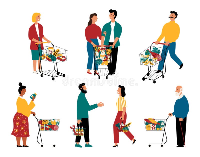 Supermarket customers, cartoon characters. Men and women with shopping carts at grocery store. Vector flat illustration