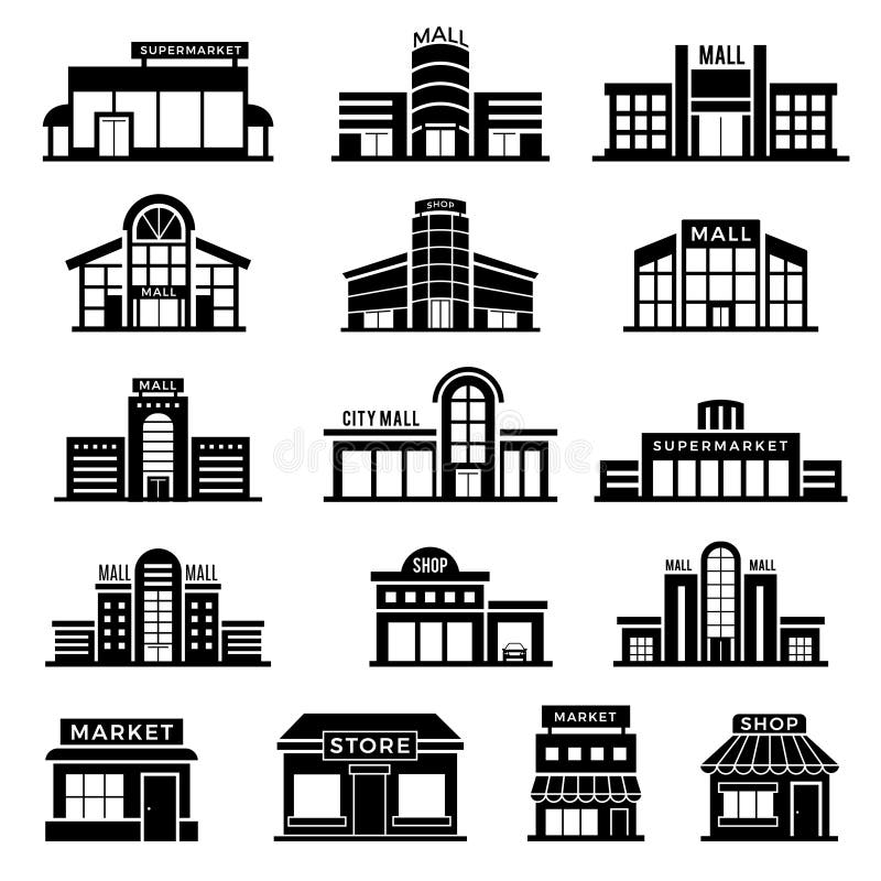 Supermarket facade. Retail shop exterior commercial mall buildings recent vector icons collection of store