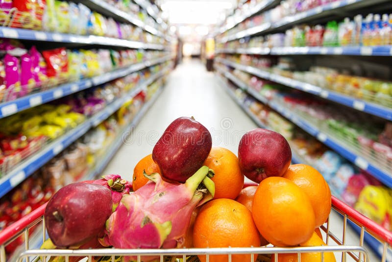 https://thumbs.dreamstime.com/b/supermarket-interior-filled-fruit-shopping-cart-43235905.jpg