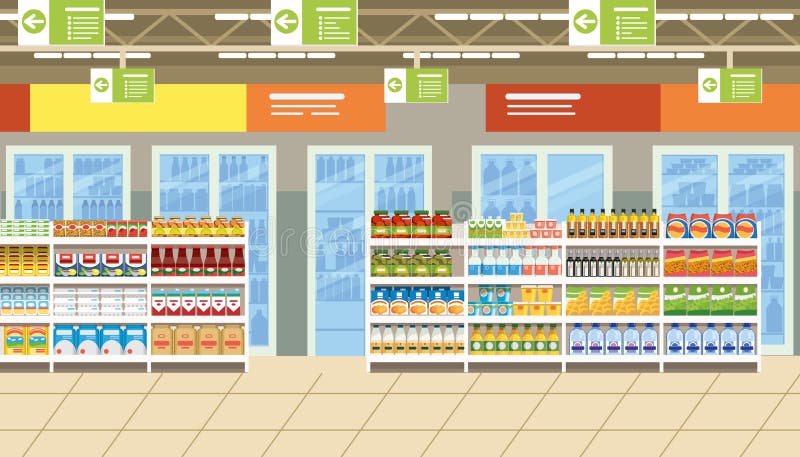 Supermarket Interior with Food on Shelves Vector