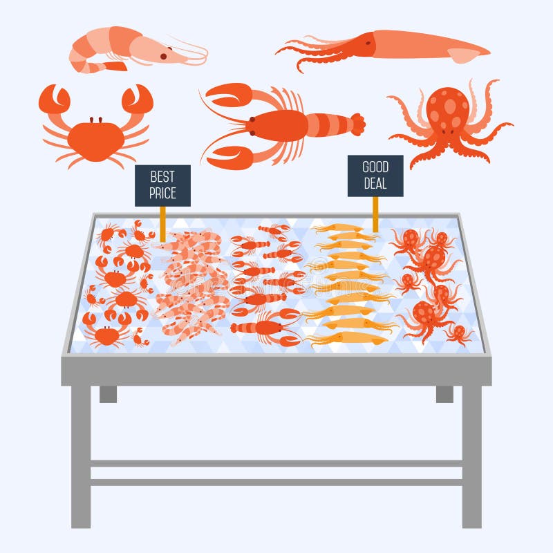 Supermarket półki z świeżym owoce morza ilustracji Supermarket półki z świeżym owoce morza ilustracji