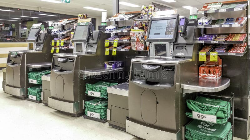 Supermarket self-service checkout kiosks