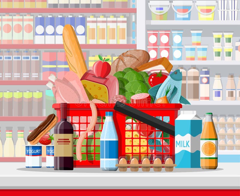 Supermarket store interior with goods. Bottle, merchandising.