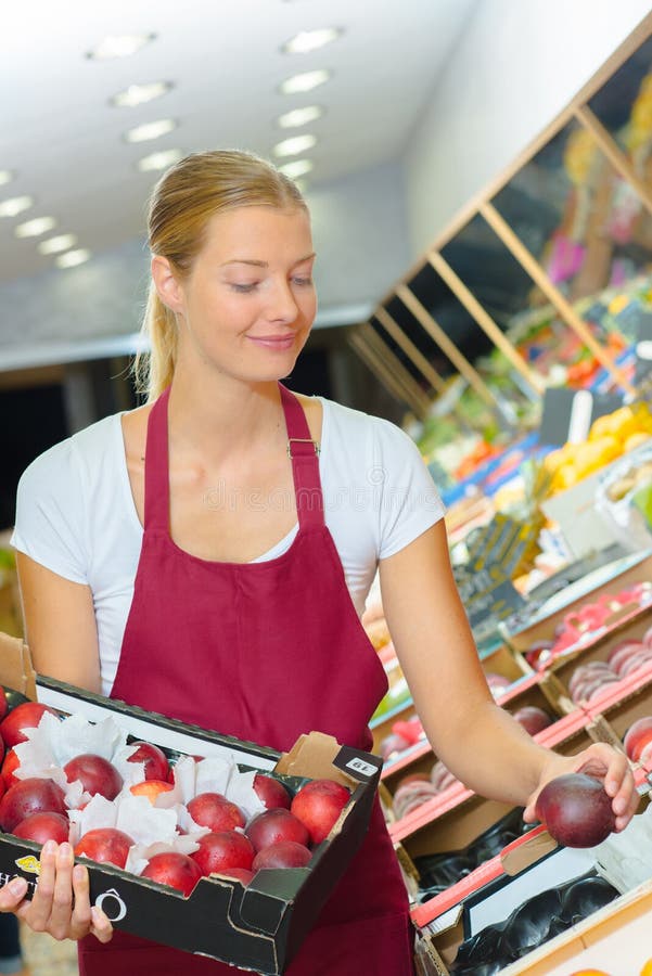 Supermarket Worker in Fruit Aisle Stock Photo Image of nutritious