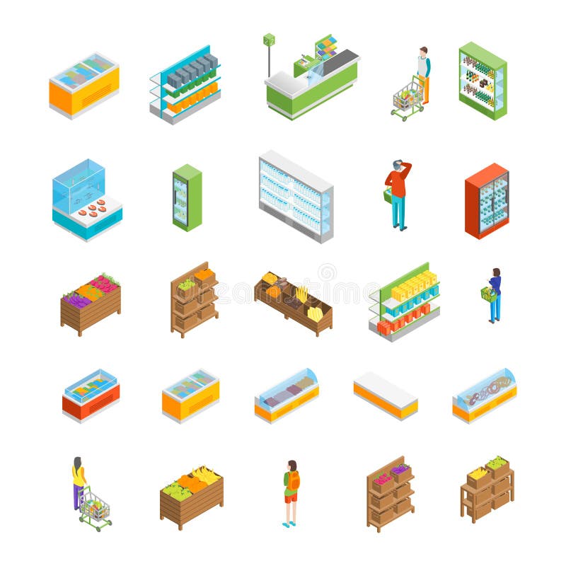 Supermarketa lub sklepu ikony Ustalony Isometric widok wektor ilustracji Supermarketa lub sklepu ikony Ustalony Isometric widok wektor ilustracji