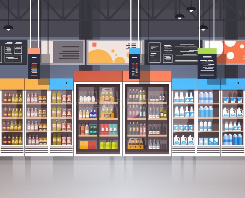 Supermarketa Wewnętrzny sklep detaliczny Z asortymentem sklepu spożywczego jedzenie Na półkach ilustracji Supermarketa Wewnętrzny sklep detaliczny Z asortymentem sklepu spożywczego jedzenie Na półkach ilustracji