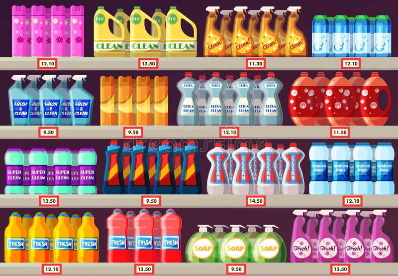 Supermarkethyllor med rengöringsmedel stock illustrationer Supermarkethyllor med rengöringsmedel stock illustrationer