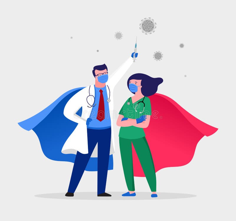 Super doctor and nurse wearing medical masks and capes, superhero couple, vector cartoon illustration. COVID-19 pandemic concept series. Super doctor and nurse wearing medical masks and capes, superhero couple, vector cartoon illustration. COVID-19 pandemic concept series.