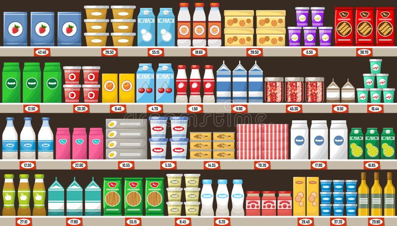 Supermercado, prateleiras com produtos e bebidas ilustração stock Supermercado, prateleiras com produtos e bebidas ilustração stock