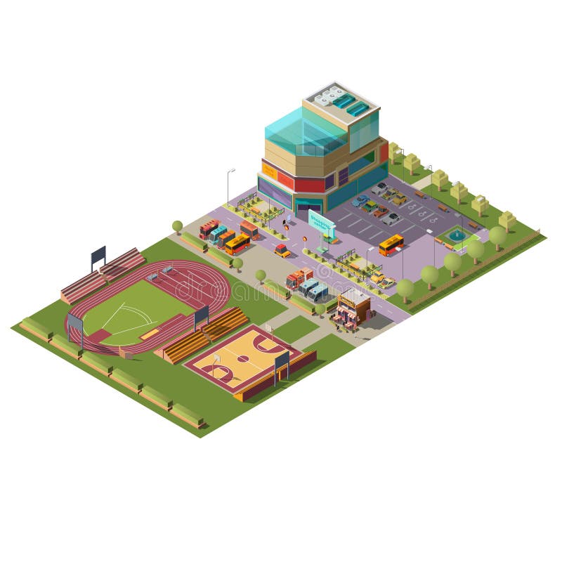 Supermercato e vettore isometrico dello stadio di sport illustrazione vettoriale Supermercato e vettore isometrico dello stadio di sport illustrazione vettoriale