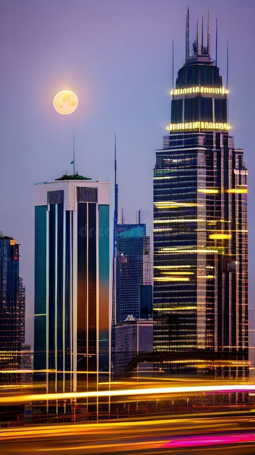 Supermoon casting on Modern skyscrapers illustration Artificial intelligence artwork generated royalty free illustration