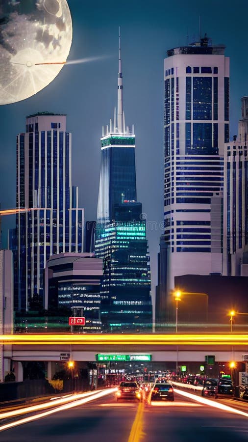 Supermoon casting on Modern skyscrapers illustration Artificial intelligence artwork generated vector illustration