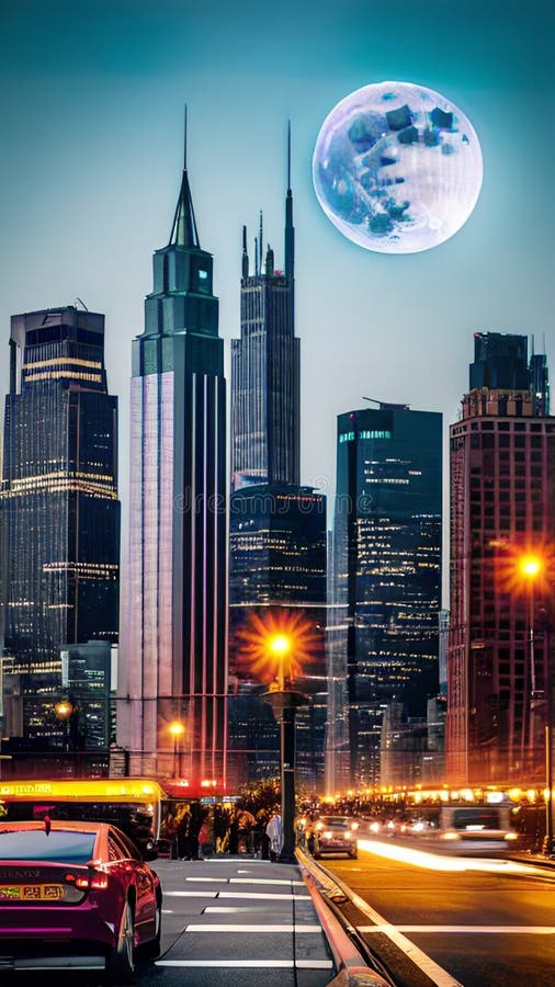 Supermoon casting on Modern skyscrapers illustration Artificial intelligence artwork generated vector illustration